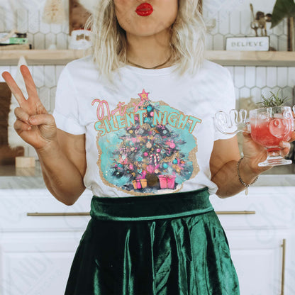 Not So Silent Night Sublimation Design PNG Digital Downloads DTG Printable Design Gold Christmas Tree Pink Turquoise