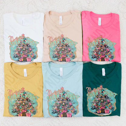 Not So Silent Night Sublimation Design PNG Digital Downloads DTG Printable Design Gold Christmas Tree Pink Turquoise