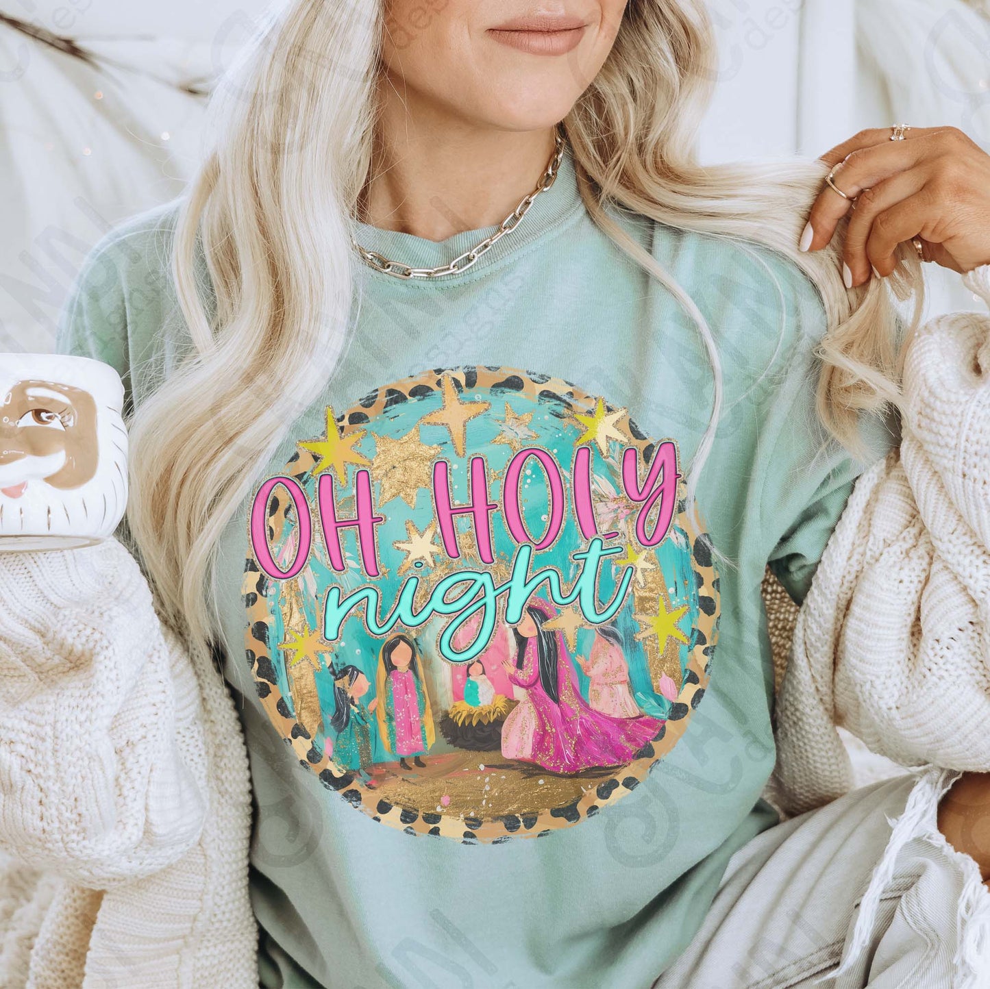 Oh Holy Night Sublimation Design PNG Digital Download Nativity Faith Jesus Pink