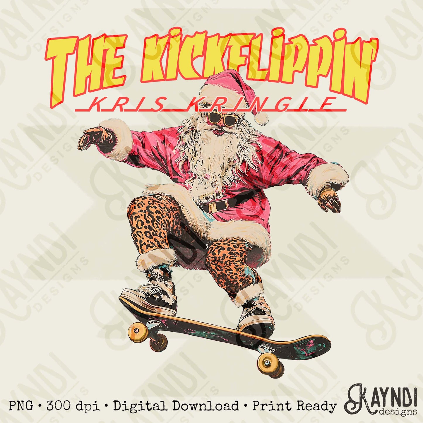 The Kickflipin Kris Kringle Leopard Sublimation Design PNG Digital Downloads DTG Printable Design Hip Santa Skateboard