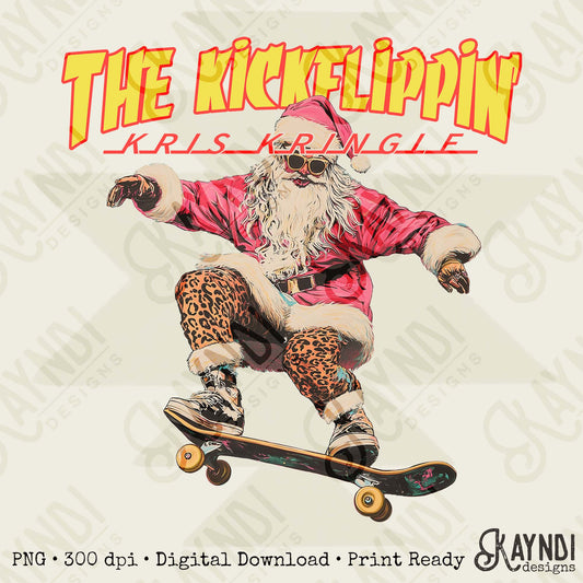 The Kickflipin Kris Kringle Leopard Sublimation Design PNG Digital Downloads DTG Printable Design Hip Santa Skateboard