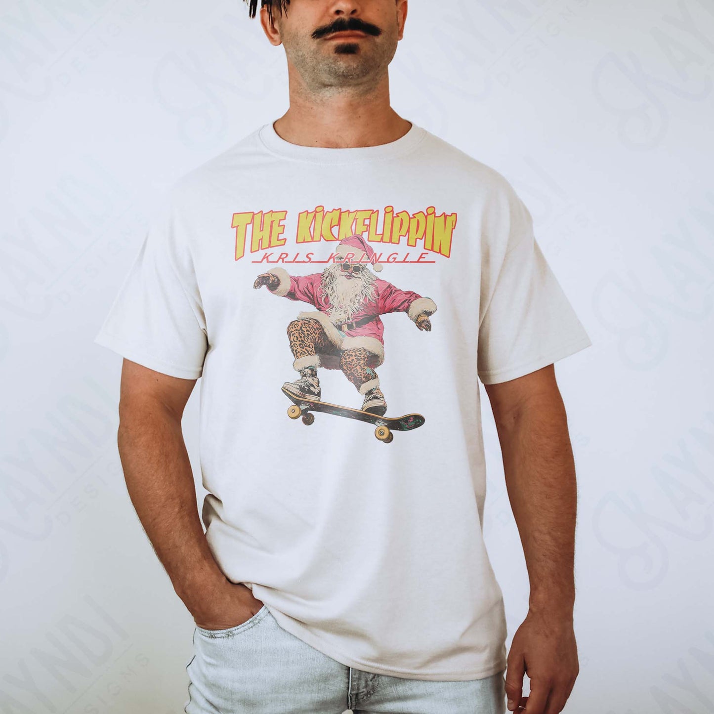 The Kickflipin Kris Kringle Leopard Sublimation Design PNG Digital Downloads DTG Printable Design Hip Santa Skateboard