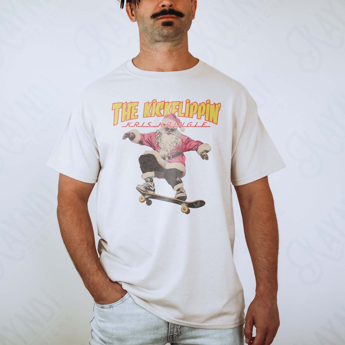 The Kickflipin Kris Kringle Sublimation Design PNG Digital Downloads DTG Printable Design Hip Santa Skateboard