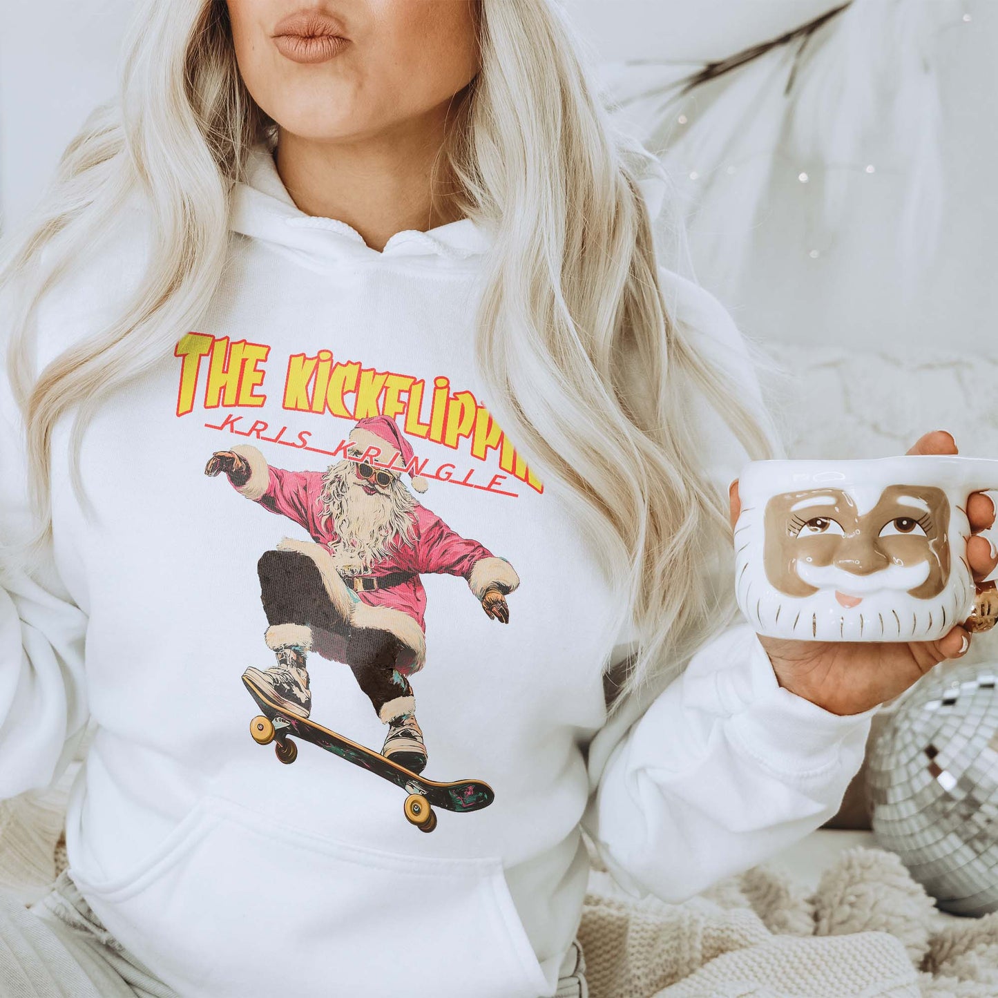 The Kickflipin Kris Kringle Sublimation Design PNG Digital Downloads DTG Printable Design Hip Santa Skateboard