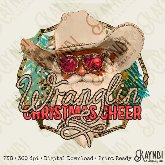 Wranglin Christmas Cheer Red Sublimation Design PNG Digital Download Cowboy Santa Western
