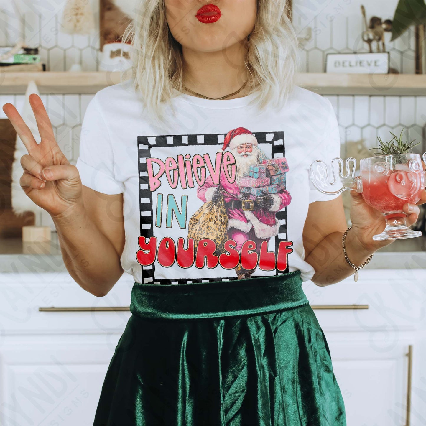 Believe in Yourself Sublimation Design PNG Digital Download Pink Santa Christmas Cheetah