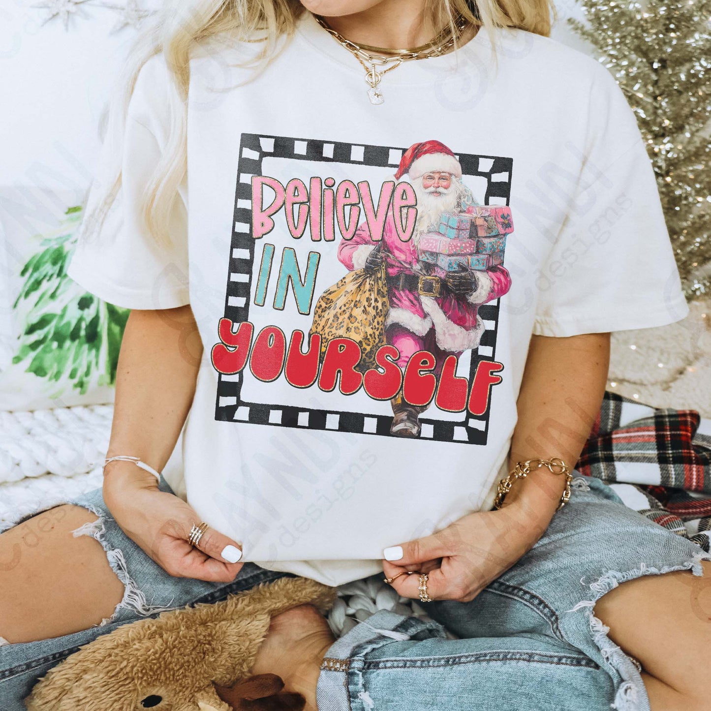 Believe in Yourself Sublimation Design PNG Digital Download Pink Santa Christmas Cheetah