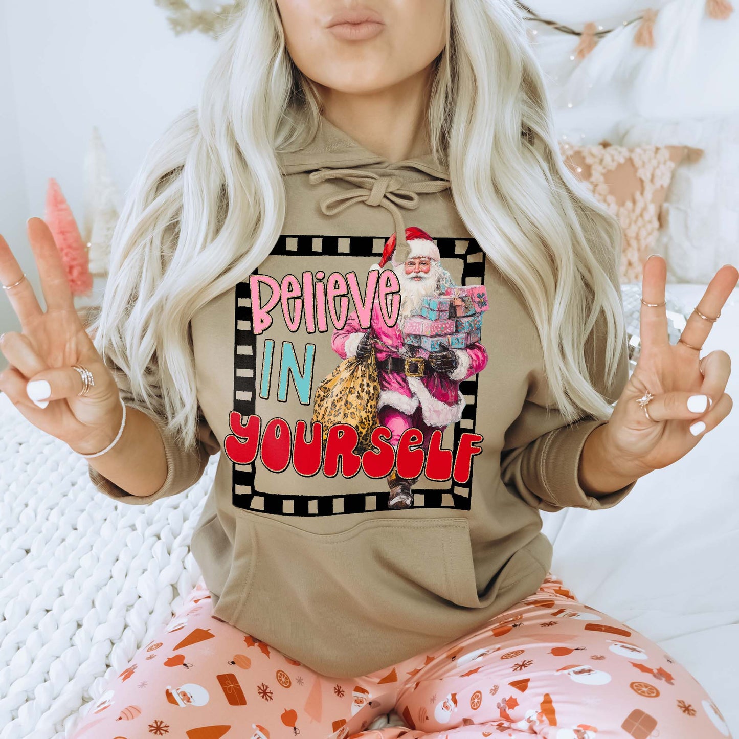 Believe in Yourself Sublimation Design PNG Digital Download Pink Santa Christmas Cheetah