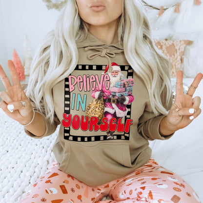 Believe in Yourself Sublimation Design PNG Digital Download Pink Santa Christmas Cheetah