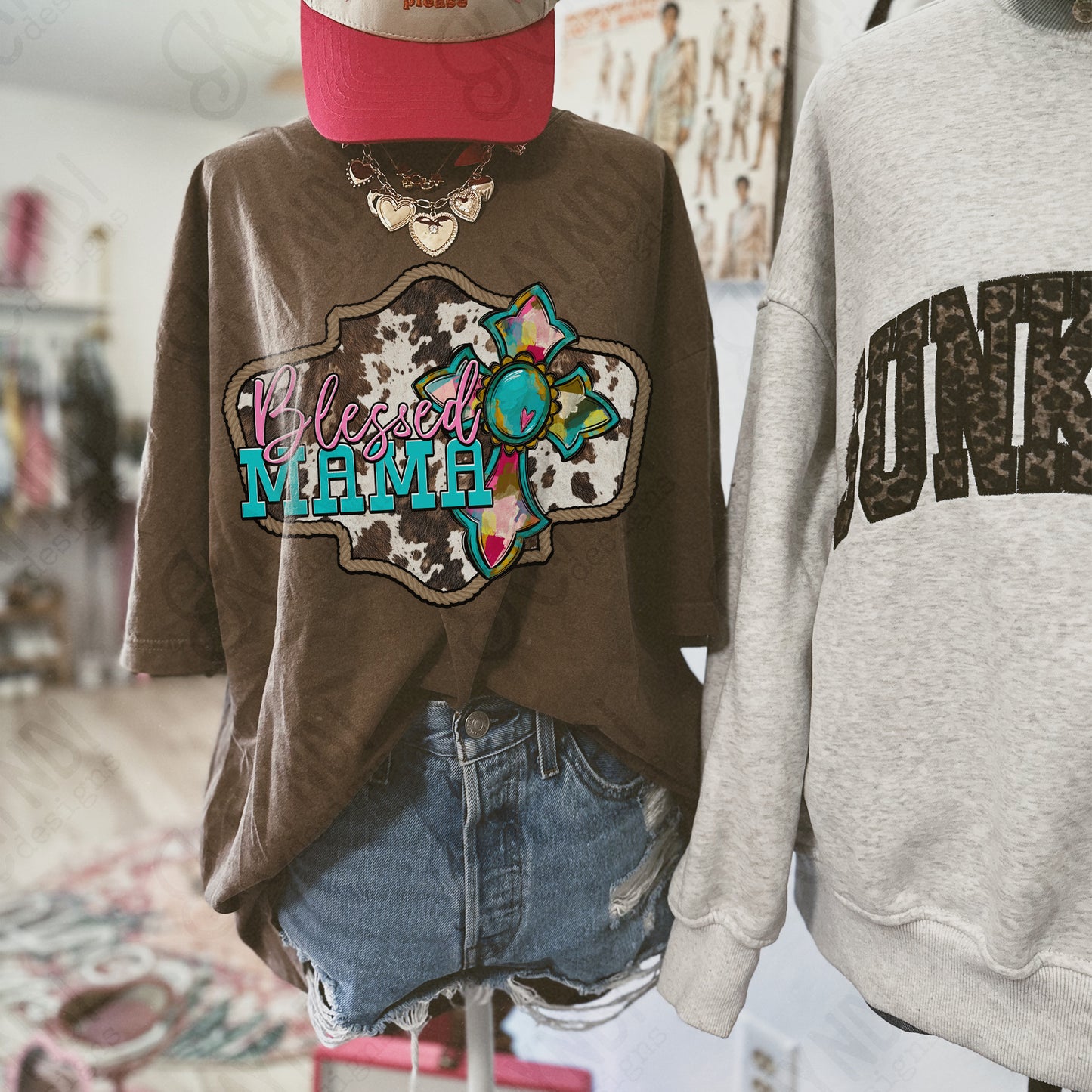 Blessed Mama Sublimation Design PNG Digital Download Cow Print Cross Country Western