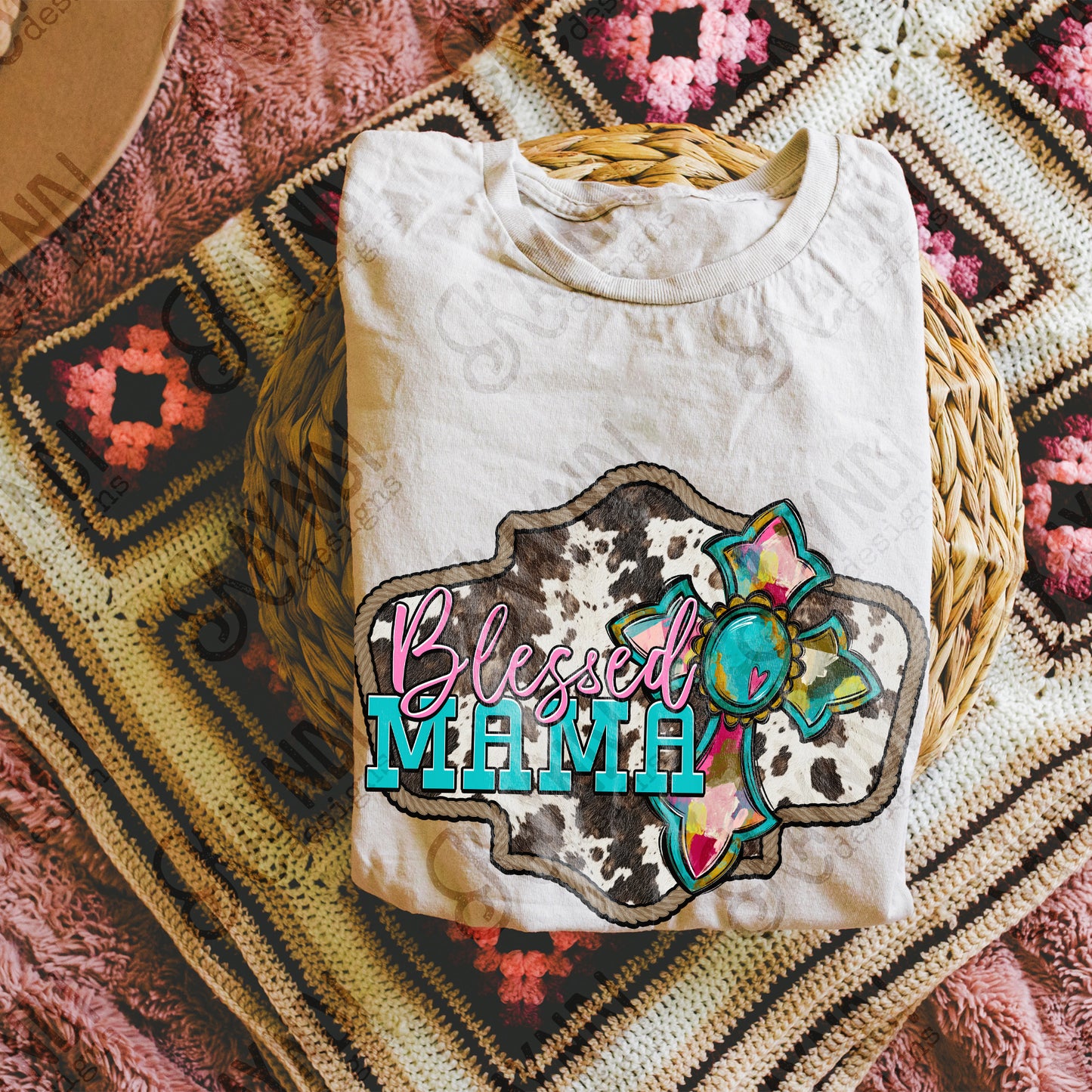 Blessed Mama Sublimation Design PNG Digital Download Cow Print Cross Country Western