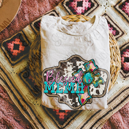 Blessed Mema Sublimation Design PNG Digital Download Cow Print Cross Country Western