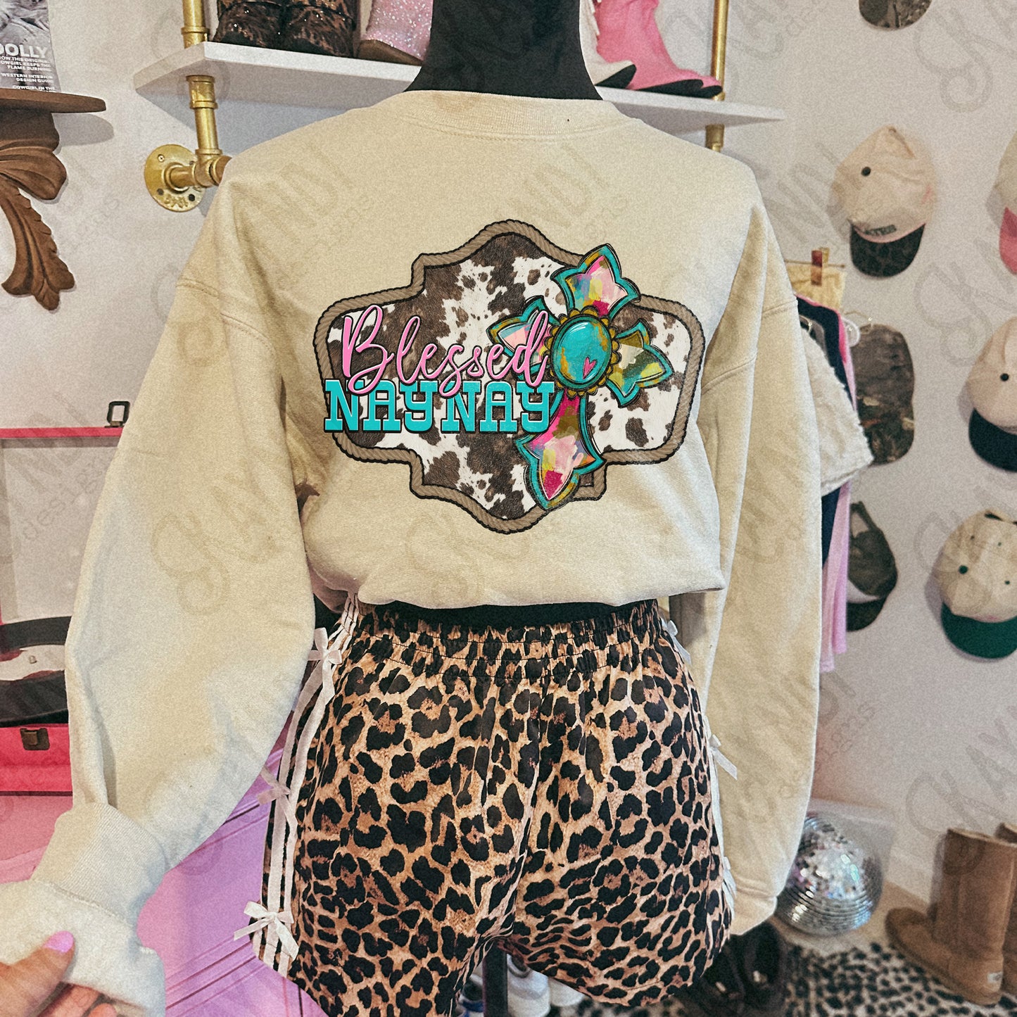 Blessed NayNay Sublimation Design PNG Digital Download Cow Print Cross Country Western