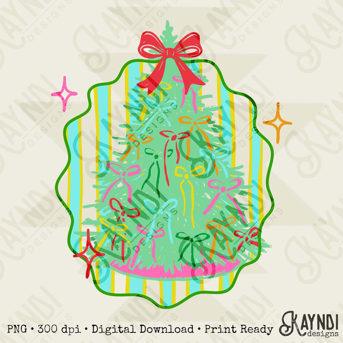 Christmas Tree Bow Sublimation Design PNG Digital Download Christmas Cute Stripes Bows Stars
