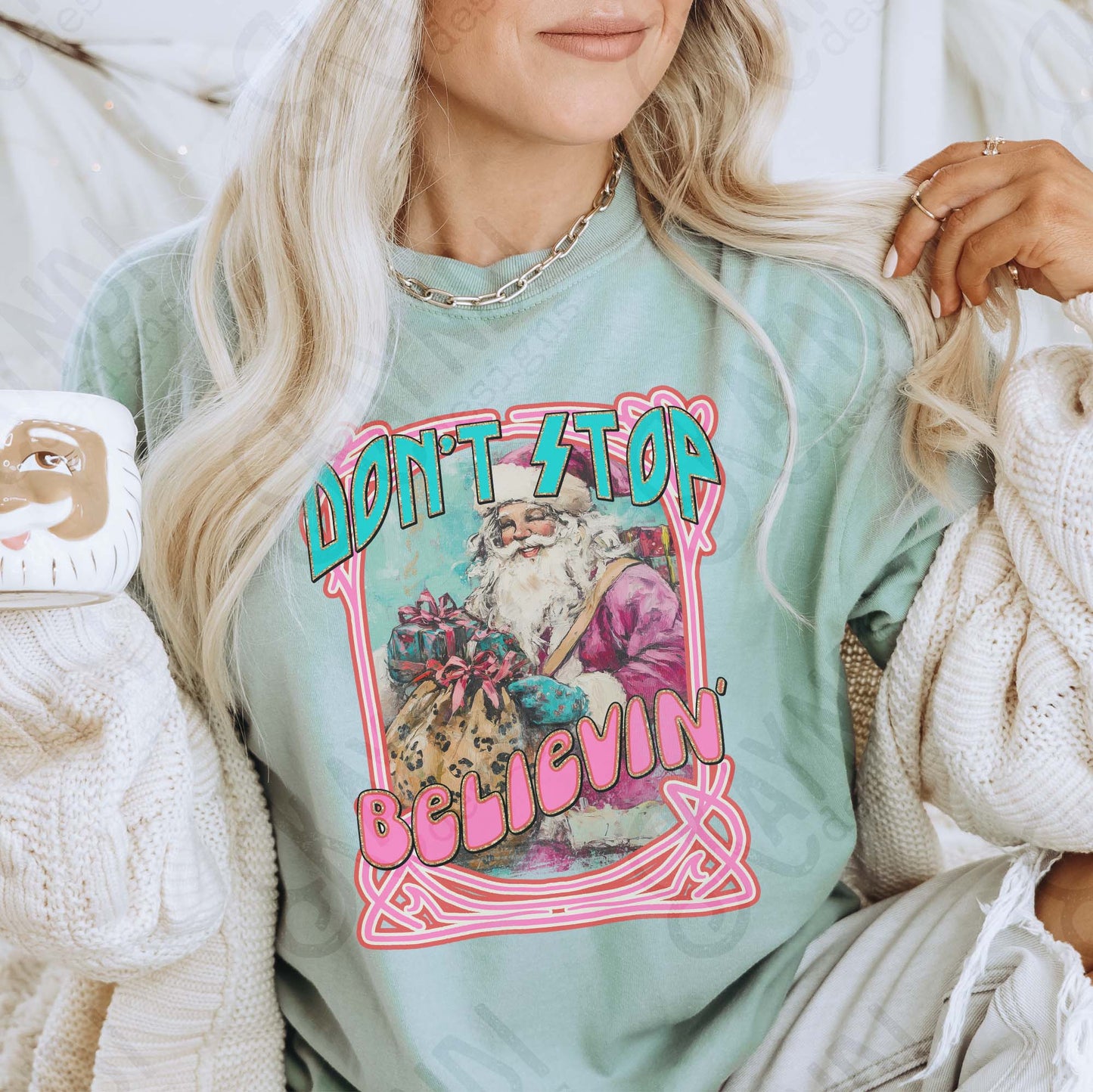 Don't Stop Believin Sublimation Design PNG Digital Download Pink Santa Christmas Cheetah