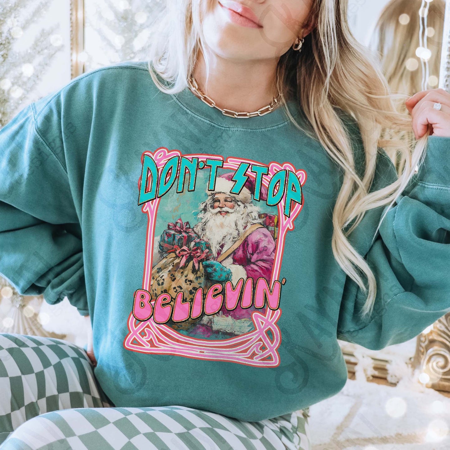 Don't Stop Believin Sublimation Design PNG Digital Download Pink Santa Christmas Cheetah