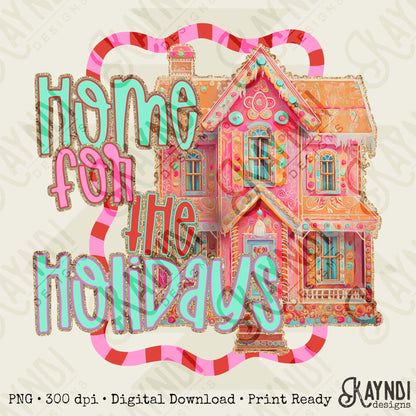 Home for the Holidays Sublimation Design PNG Digital Download Pink Christmas House Festive