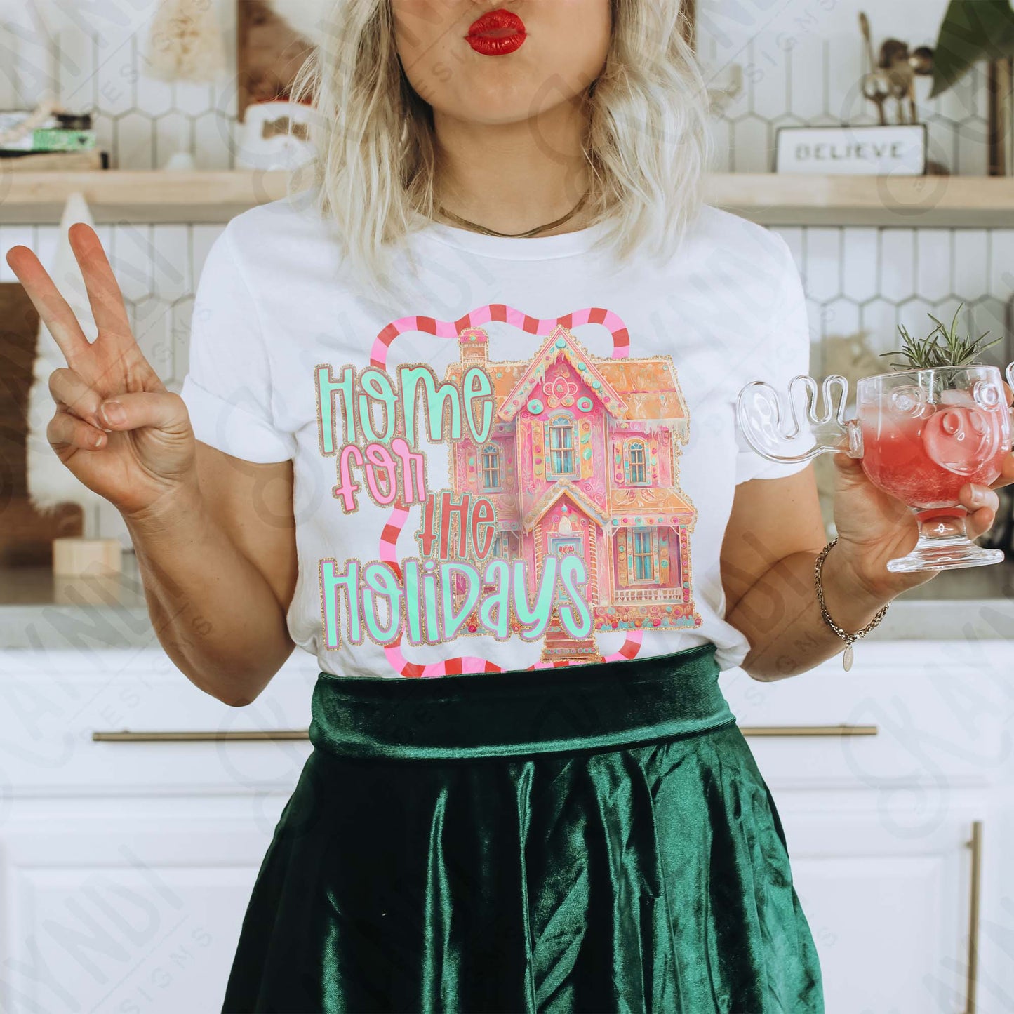 Home for the Holidays Sublimation Design PNG Digital Download Pink Christmas House Festive