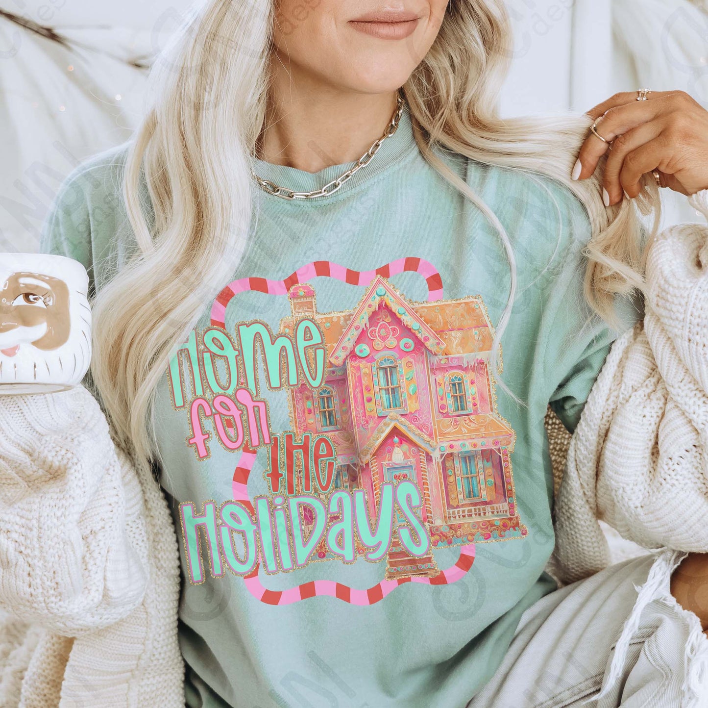 Home for the Holidays Sublimation Design PNG Digital Download Pink Christmas House Festive