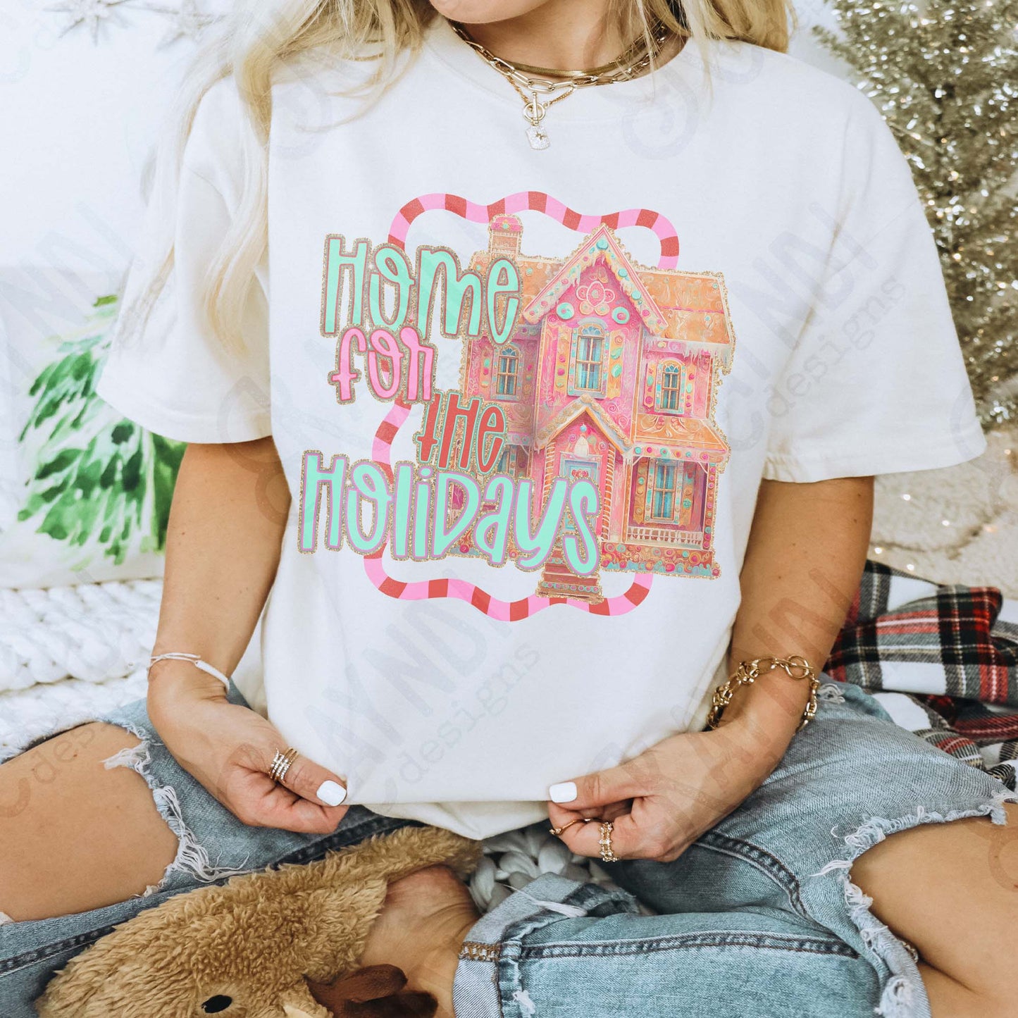 Home for the Holidays Sublimation Design PNG Digital Download Pink Christmas House Festive