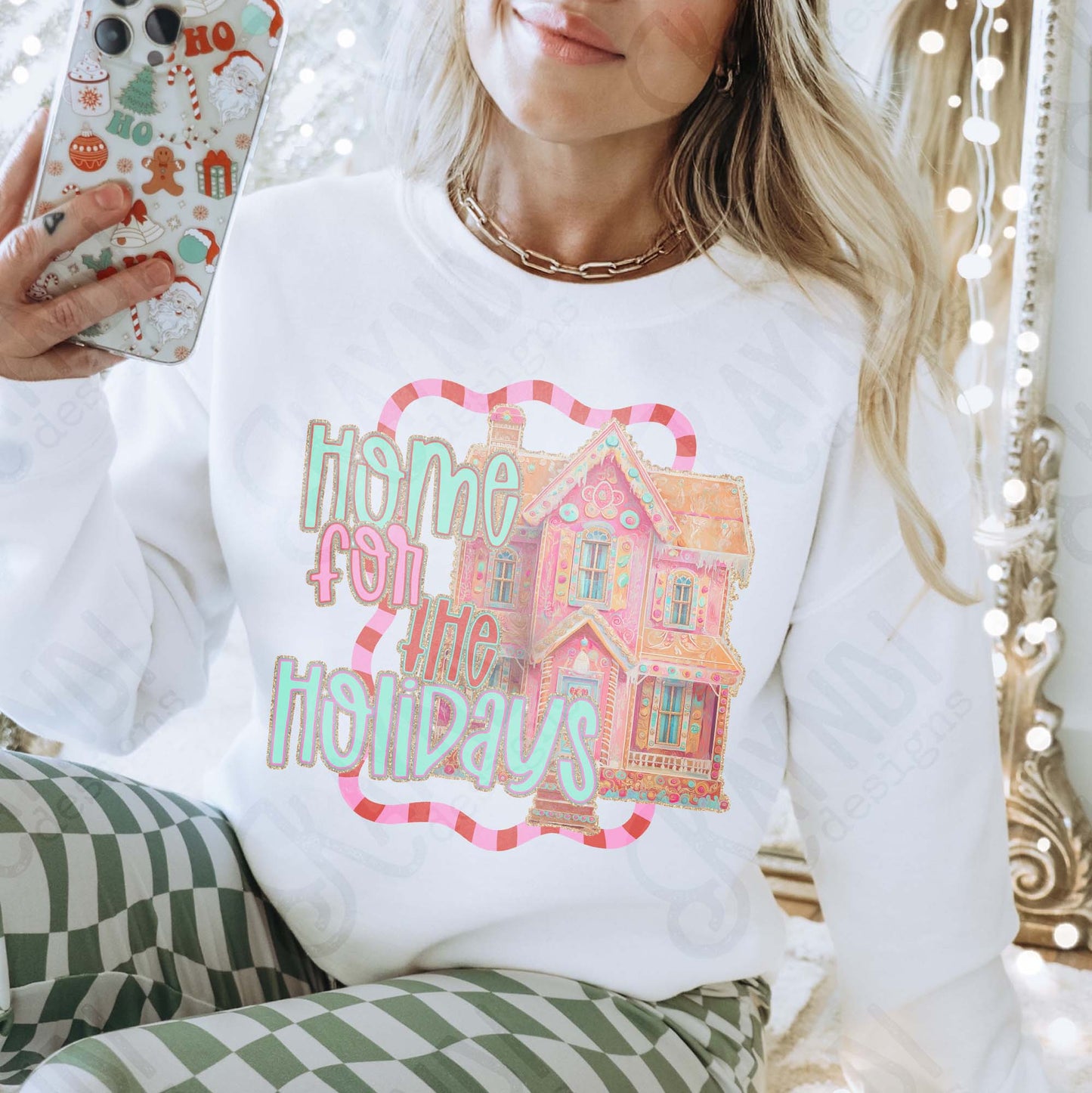 Home for the Holidays Sublimation Design PNG Digital Download Pink Christmas House Festive