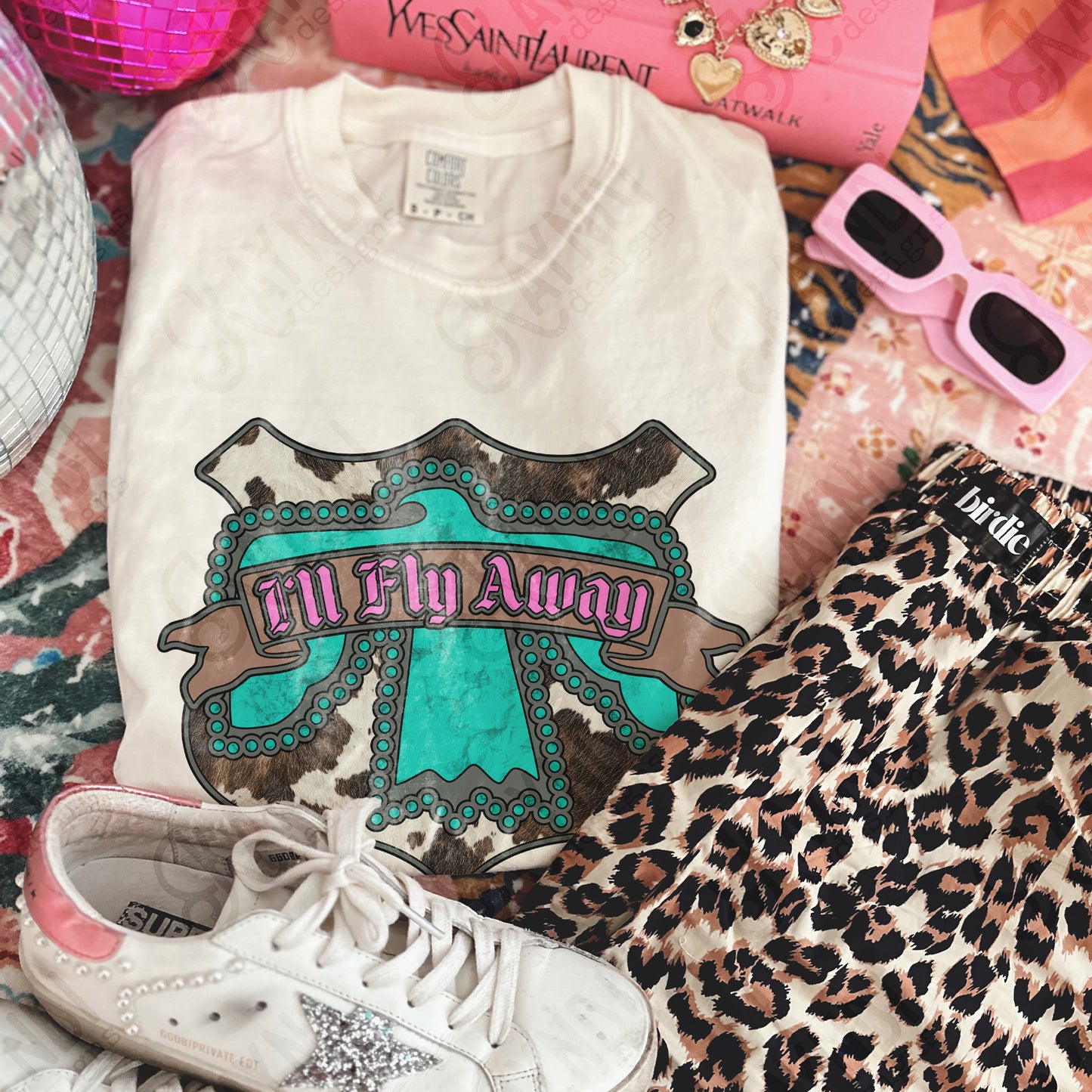 I'll Fly Away Sublimation Design PNG Digital Download Cow Print Turquoise Eagle Western