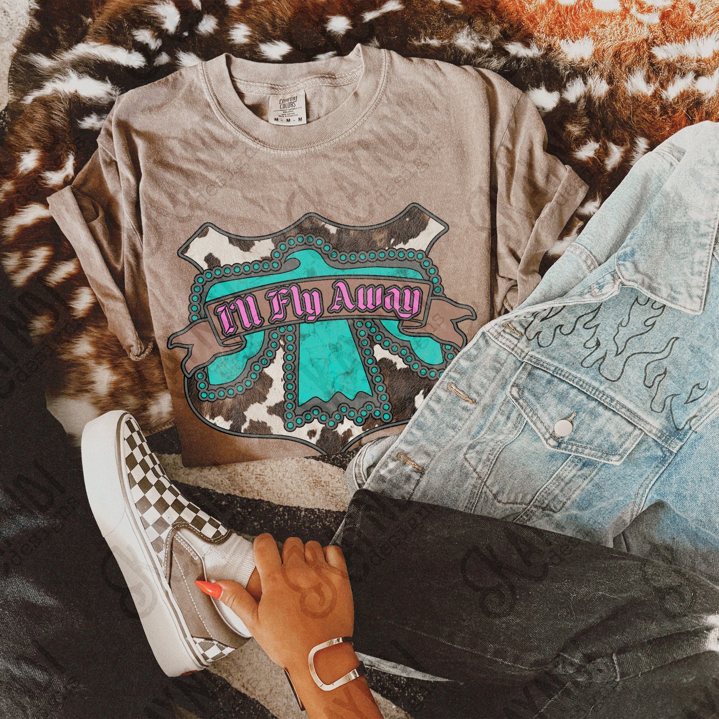 I'll Fly Away Sublimation Design PNG Digital Download Cow Print Turquoise Eagle Western