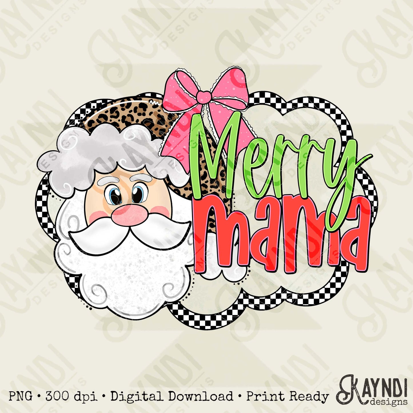 Merry Mama Sublimation Design PNG Digital Download Cheetah Santa Claus Bow