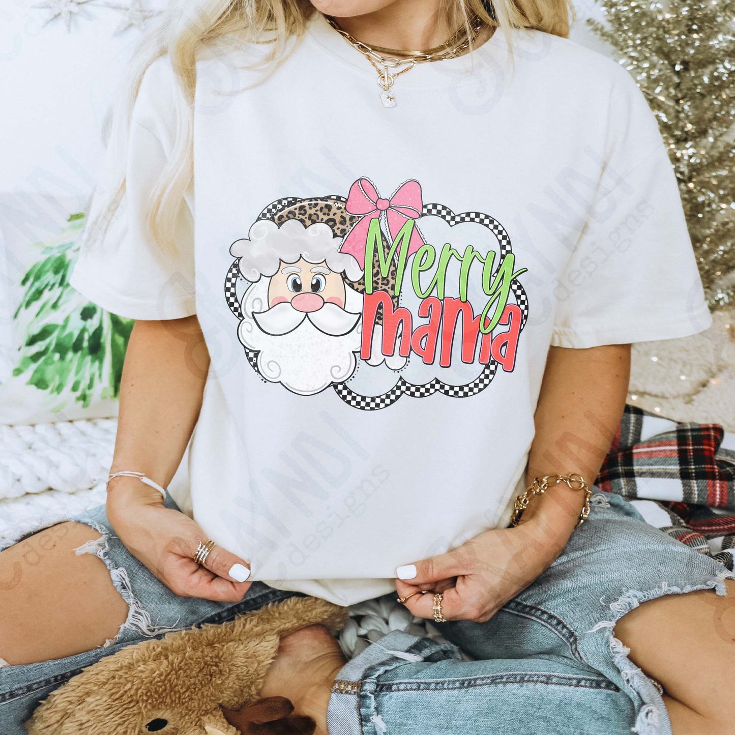 Merry Mama Sublimation Design PNG Digital Download Cheetah Santa Claus Bow
