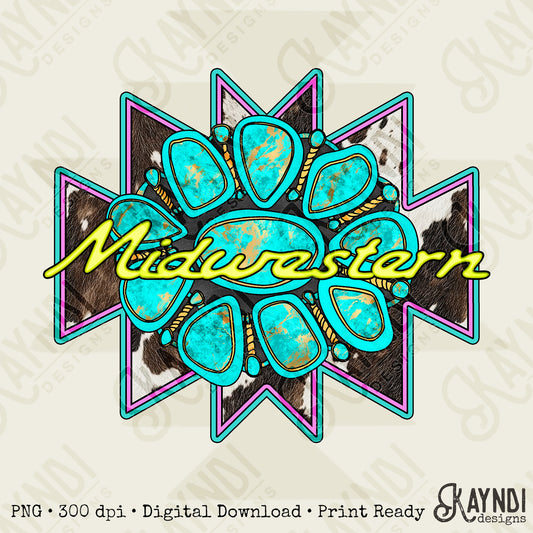 Midwestern Sublimation Design PNG Digital Download Cowprint Turquoise Concho Aztec