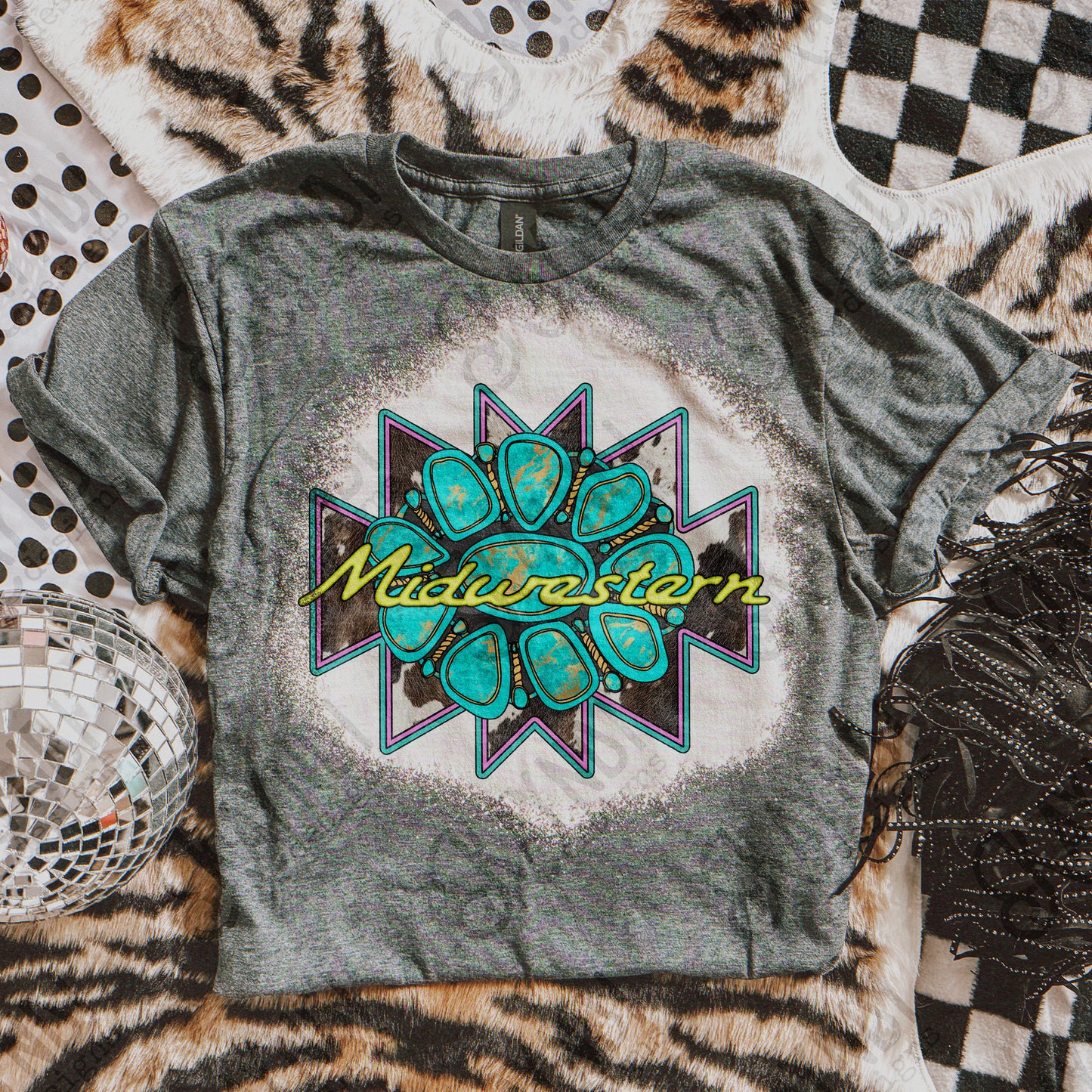 Midwestern Sublimation Design PNG Digital Download Cowprint Turquoise Concho Aztec