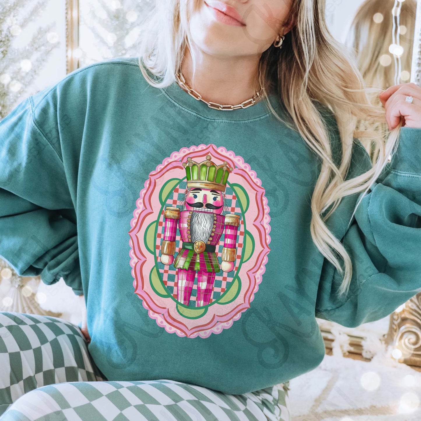 Nutcracker Pink Sublimation Design PNG Digital Download Plaid Pink Green Lace