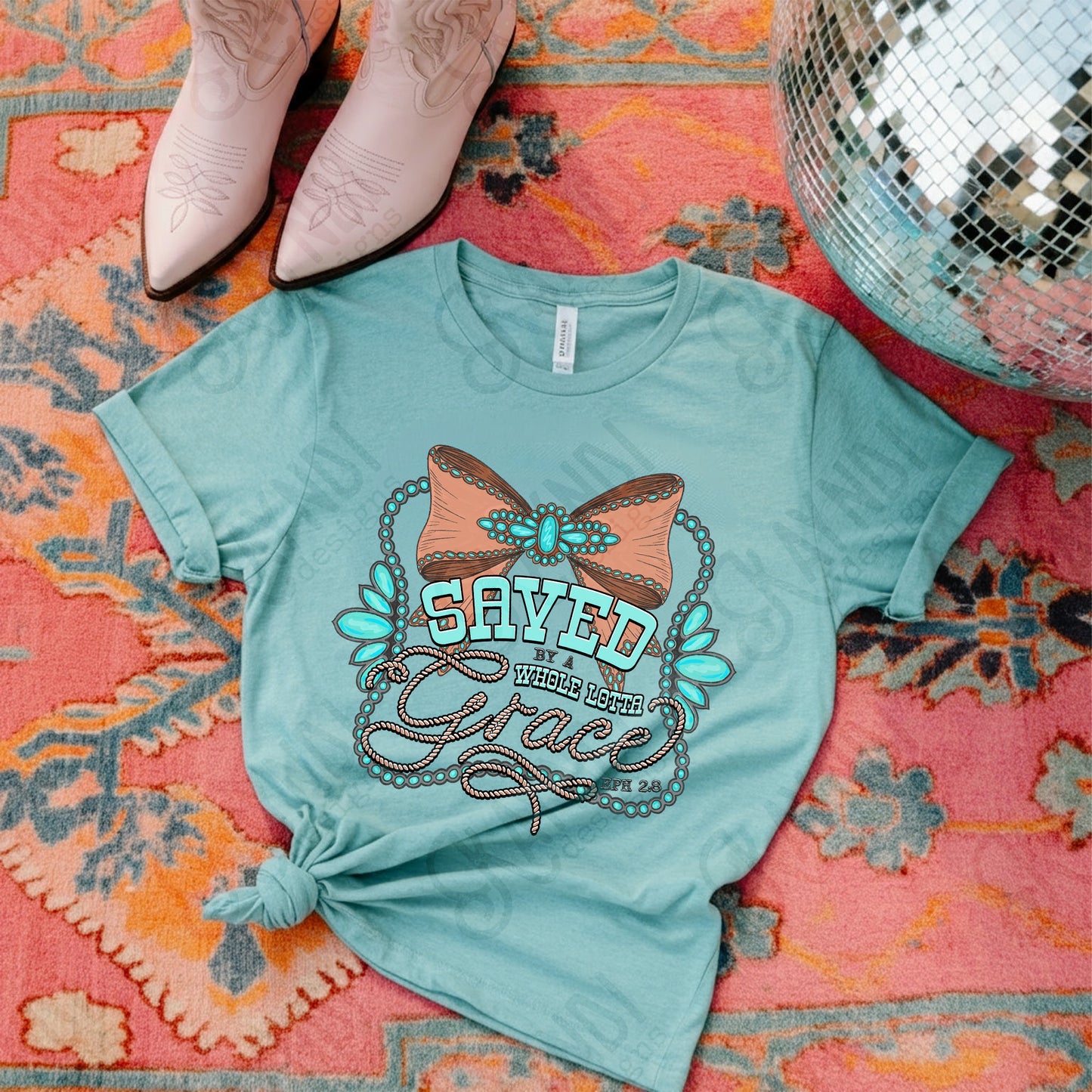 Save by a Whole Lotta Grace Sublimation Design PNG Digital Download Faith Bow Turquoise