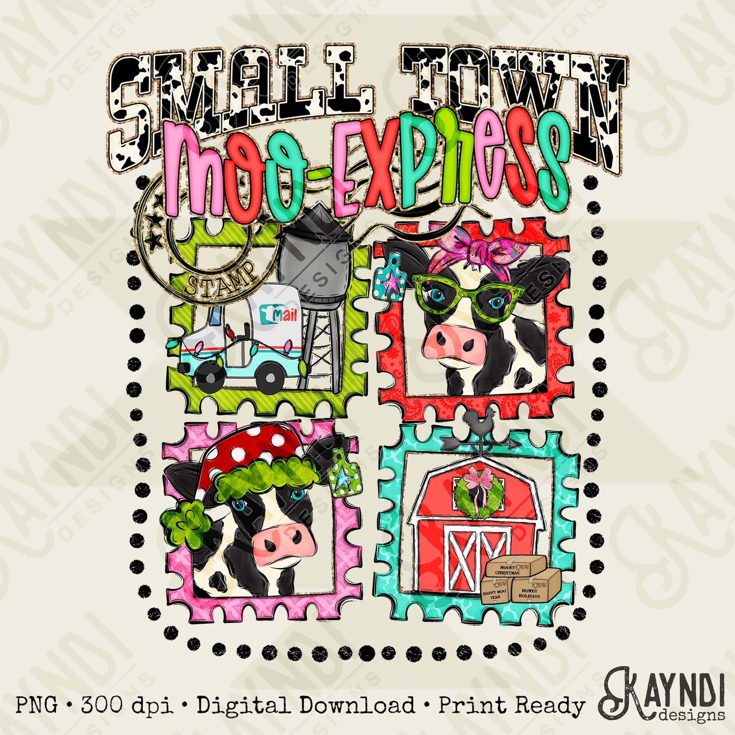 Small Town Moo Express Sublimation Design PNG Digital Download Christmas Cow Stamps Barn