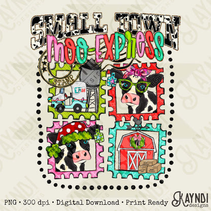 Small Town Moo Express Sublimation Design PNG Digital Download Christmas Cow Stamps Barn