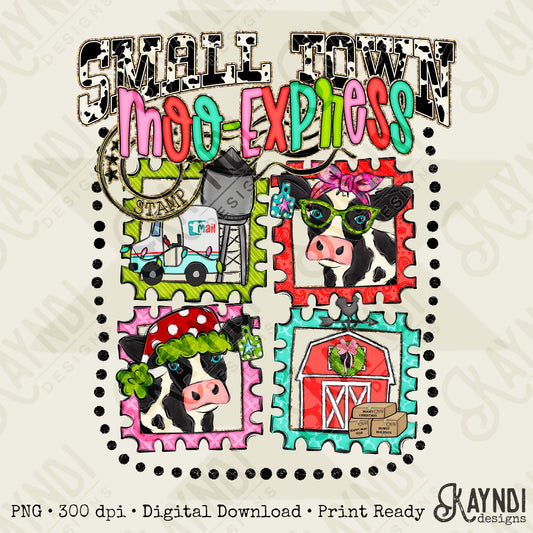 Small Town Moo Express Sublimation Design PNG Digital Download Christmas Cow Stamps Barn