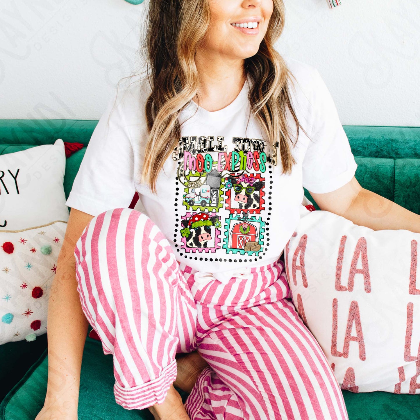 Small Town Moo Express Sublimation Design PNG Digital Download Christmas Cow Stamps Barn