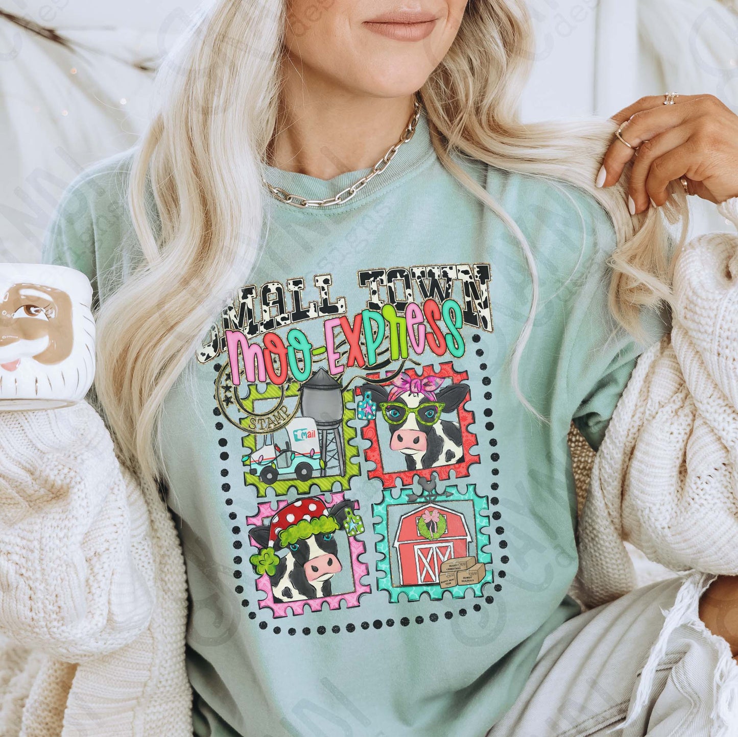 Small Town Moo Express Sublimation Design PNG Digital Download Christmas Cow Stamps Barn