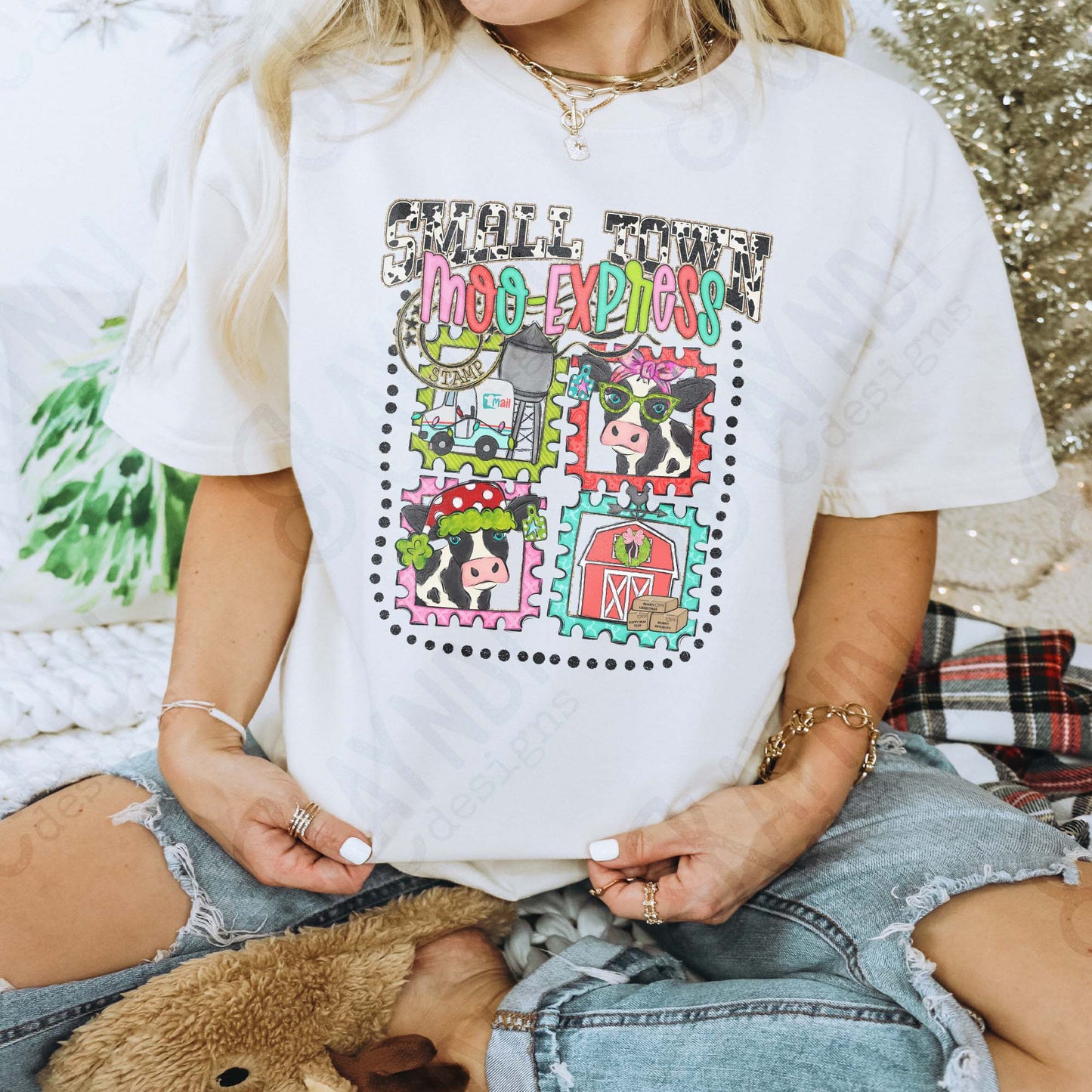 Small Town Moo Express Sublimation Design PNG Digital Download Christmas Cow Stamps Barn