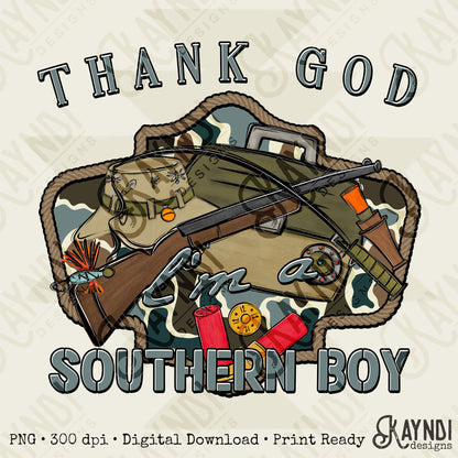 Thank God I'm a Southern Boy Sublimation Design PNG Digital Download Hunting Fishing Outdoors Camo