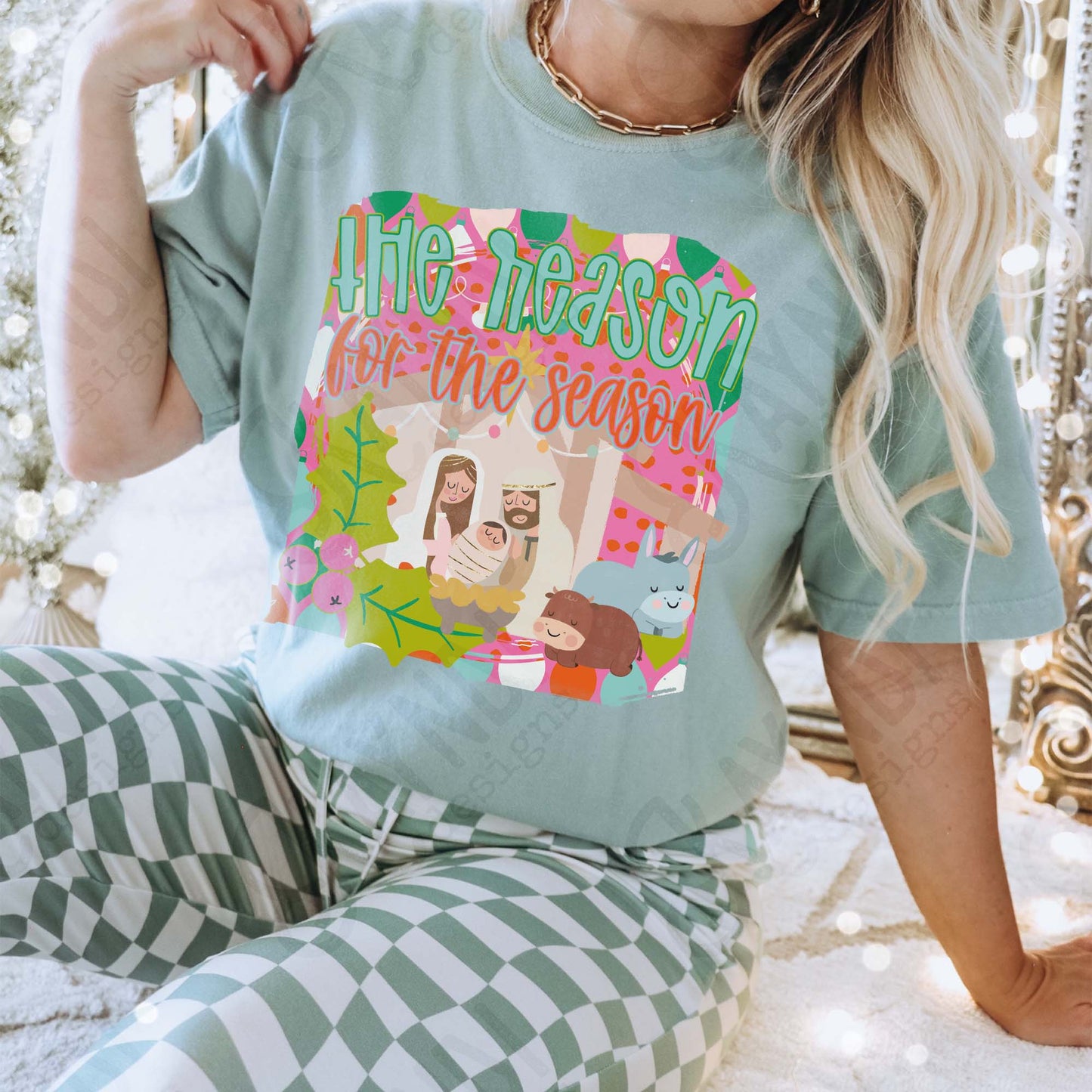 The Reason for the Season Sublimation Design PNG Digital Download Bright Nativity Scene Christmas Pink