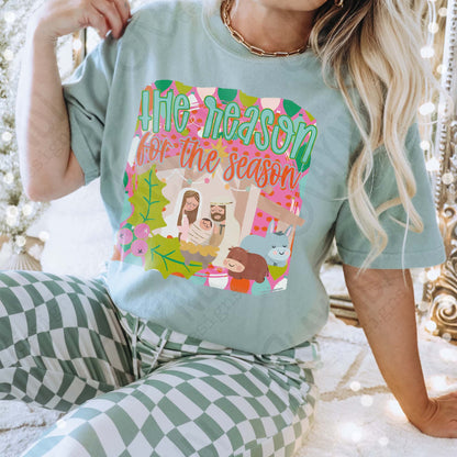 The Reason for the Season Sublimation Design PNG Digital Download Bright Nativity Scene Christmas Pink