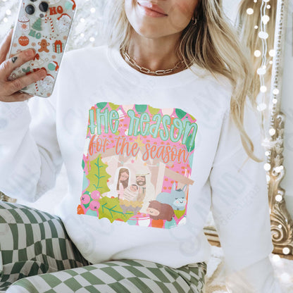 The Reason for the Season Sublimation Design PNG Digital Download Bright Nativity Scene Christmas Pink