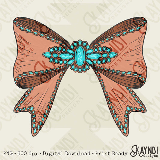 Turquoise Leather Bow Sublimation Design PNG Digital Download Western Bows Girly