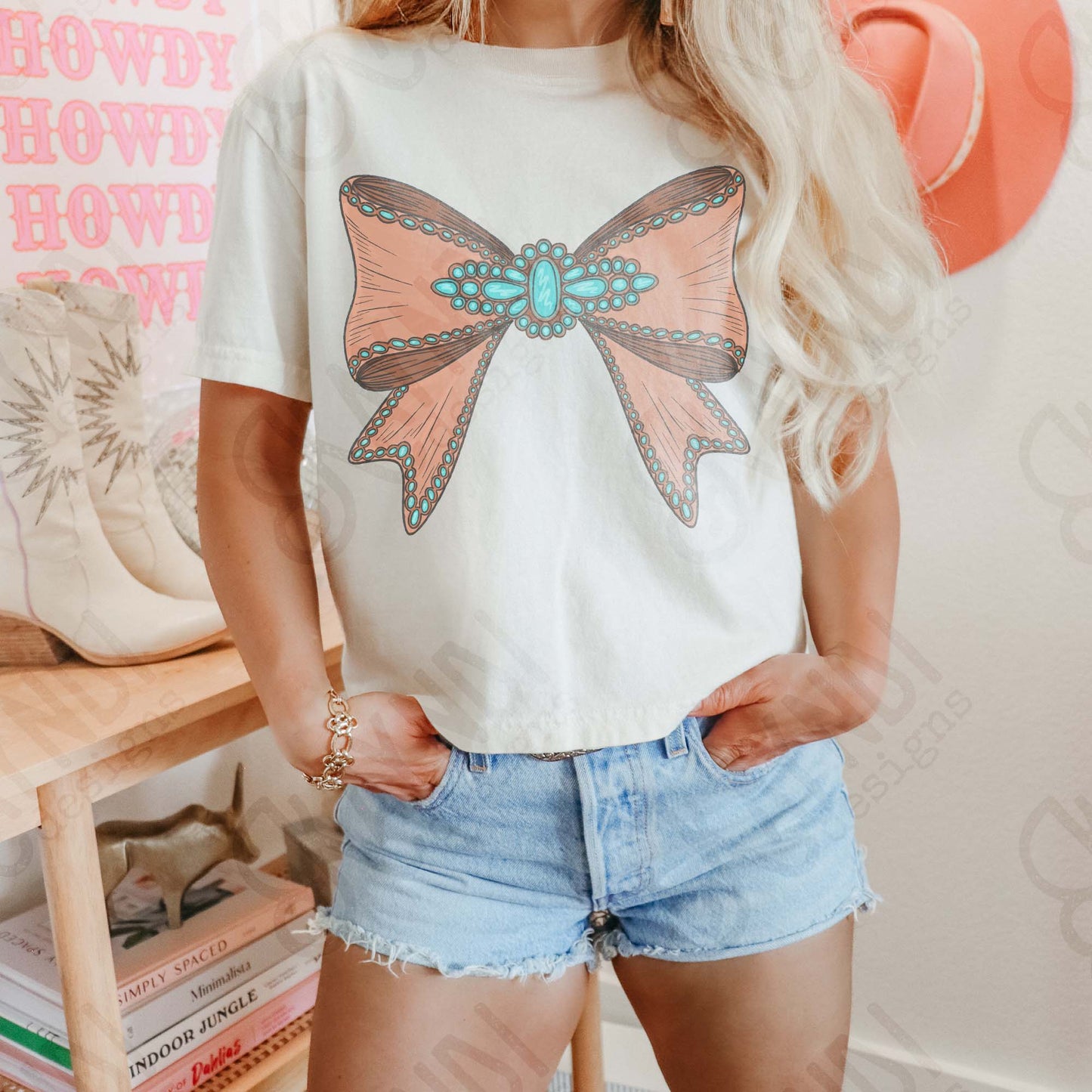 Turquoise Leather Bow Sublimation Design PNG Digital Download Western Bows Girly