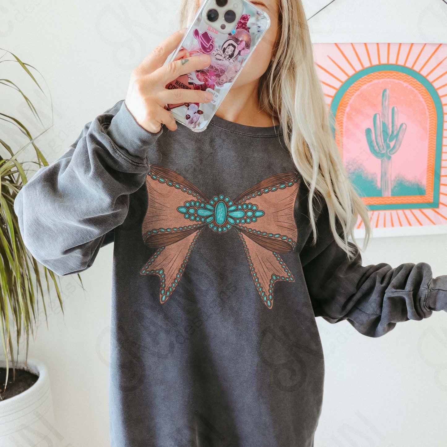 Turquoise Leather Bow Sublimation Design PNG Digital Download Western Bows Girly