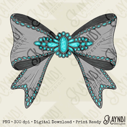 Turquoise Silver Bow Sublimation Design PNG Digital Download Western Bows Girly