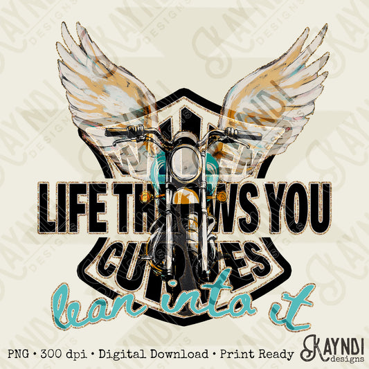 When Life Throws You Curves Lean Into It Sublimation Design PNG Digital Download Motorcycle Wings