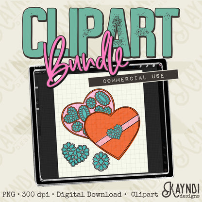 Hand Drawn Concho Heart Box Clipart Element PNG Digital Downloads Elements Valentines Heart Turquoise Commercial Use
