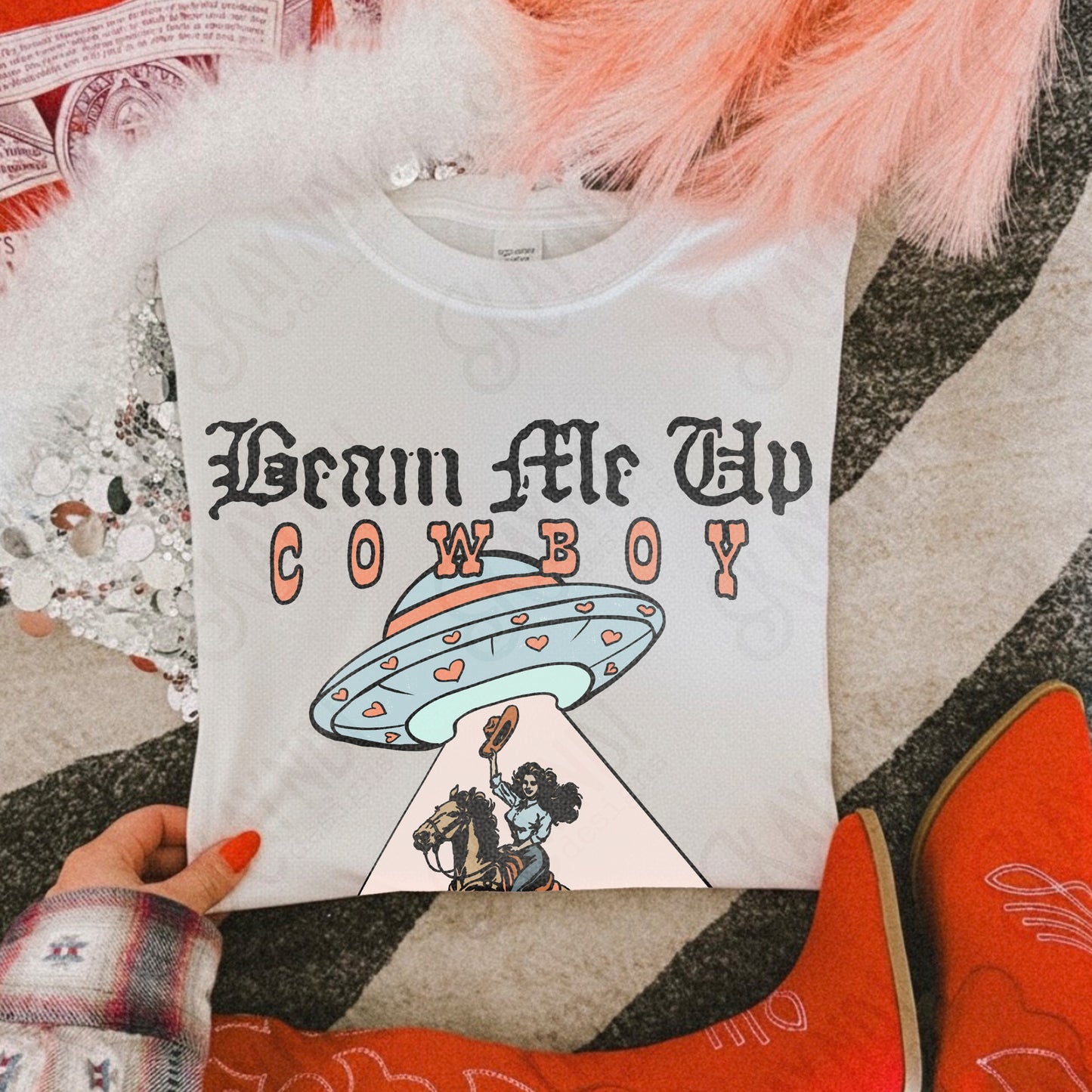 Beam Me Up Cowboy Sublimation Design PNG Digital Download Cowgirl UFO